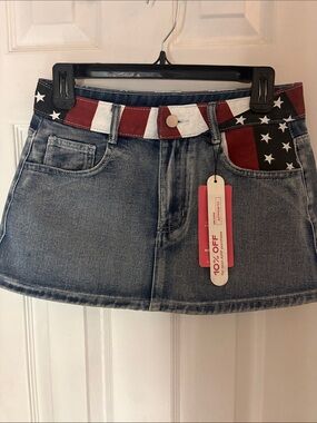 Denim Mini Skirt with American Flag Waistband
